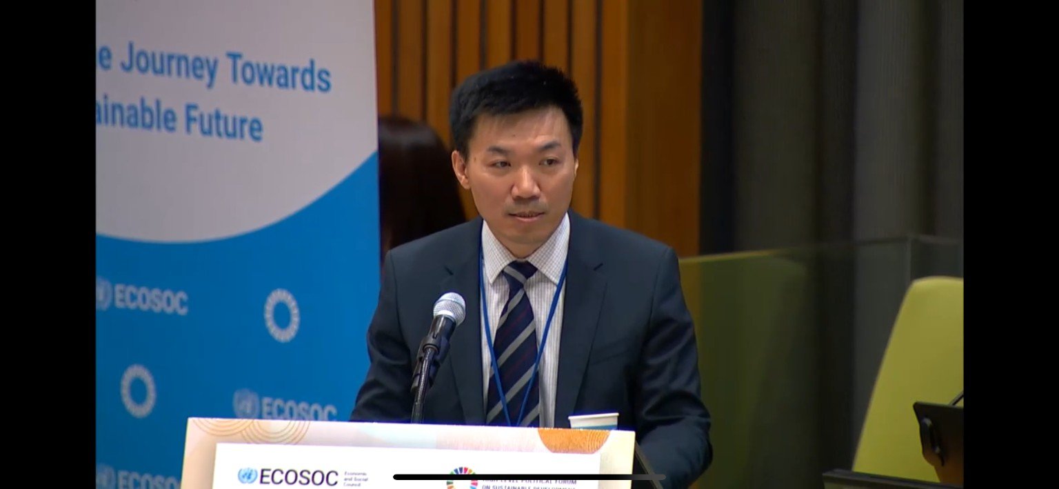 Dr. Bin Cai speaking at the United Nations High-Level Political Forum 2025 in New York